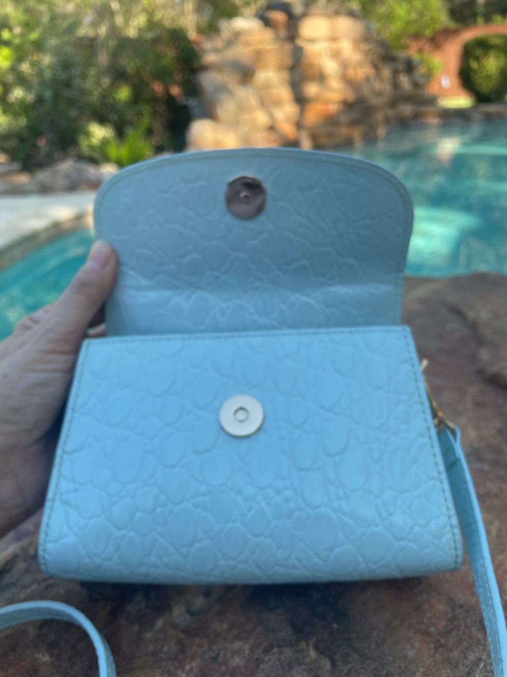 BY FAR Light Blue Croc-Embossed Mini Top-Handle Bag with Crossbody Strap (CdlG) - Picture 5 of 12